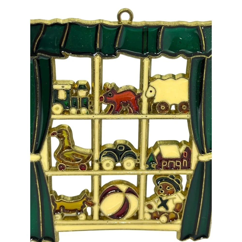 VTG‎ Enamel Metal Christmas Ornament Window Toys Design Theme Square Suncatcher