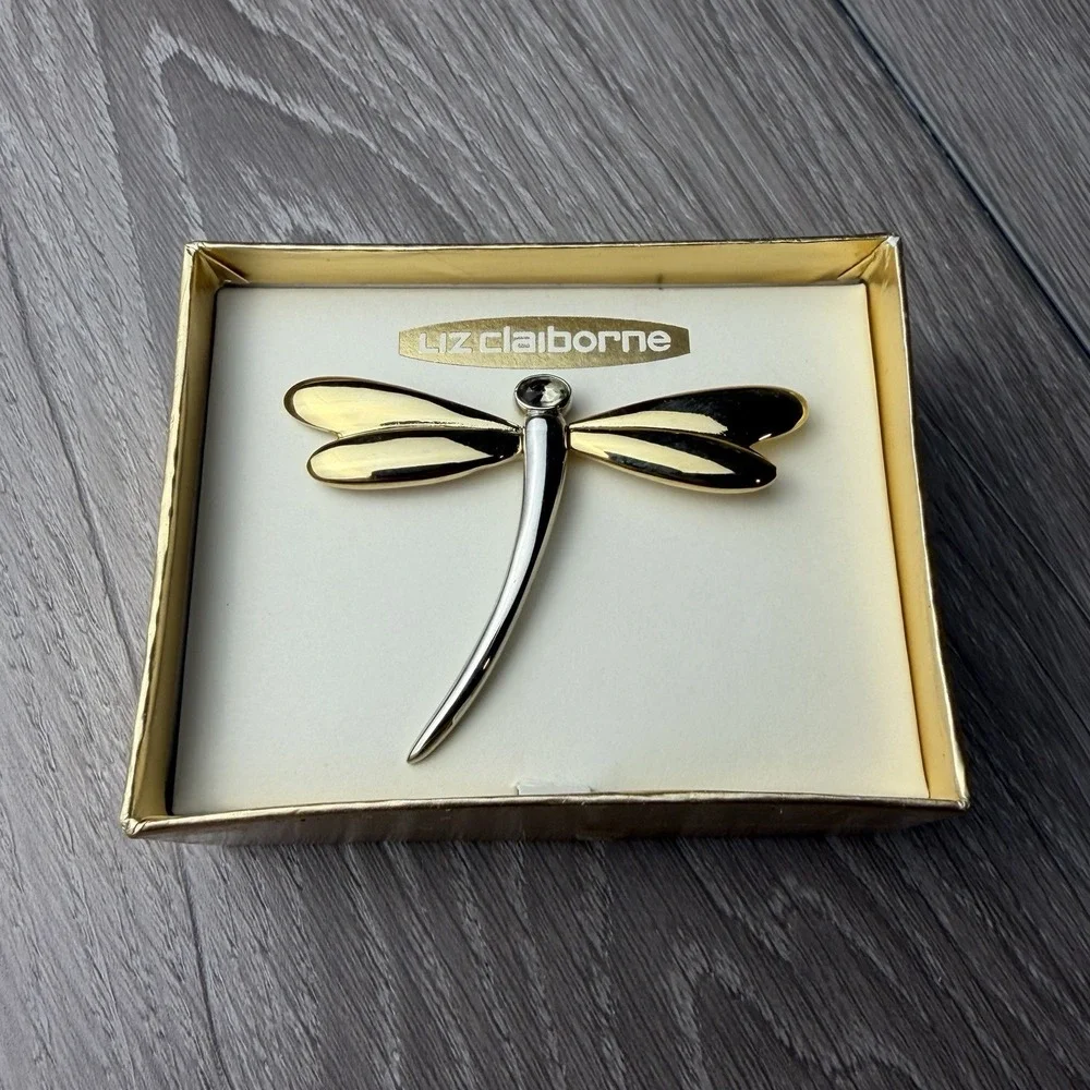 Vintage Liz Claiborne Dragonfly Brooch Two Tone Gold Silver Pin New