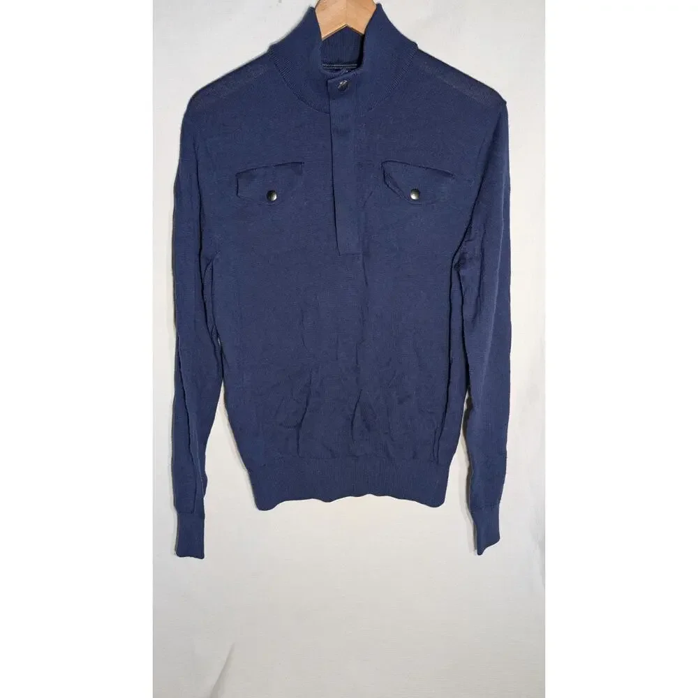 Banana Republic Mens Italian Yarn Quarter Zip Mock Neck Sweater M‎ Navy Pockets
