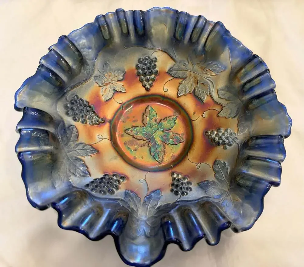 Fenton Cobalt Blue Carnival Glass Grape and Cable Pattern Ruffled Bowl