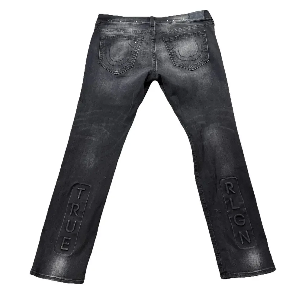 True Religion Rocco Embossed Relaxed‎ Skinny Black Distressed Jeans 40x32 Button