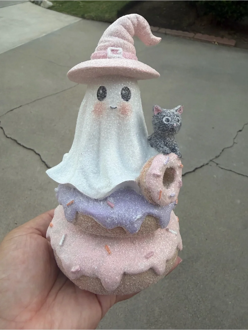 Glitter Ghost Witch Figurine with Donut and Cat - Pastel Pink & Purple
