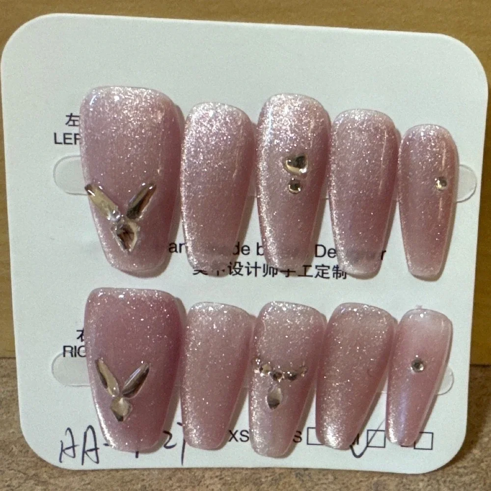 Pink Cat Eye Press On‎ Nails Long Coffin Rhinestone Butterfly XS AA-421
