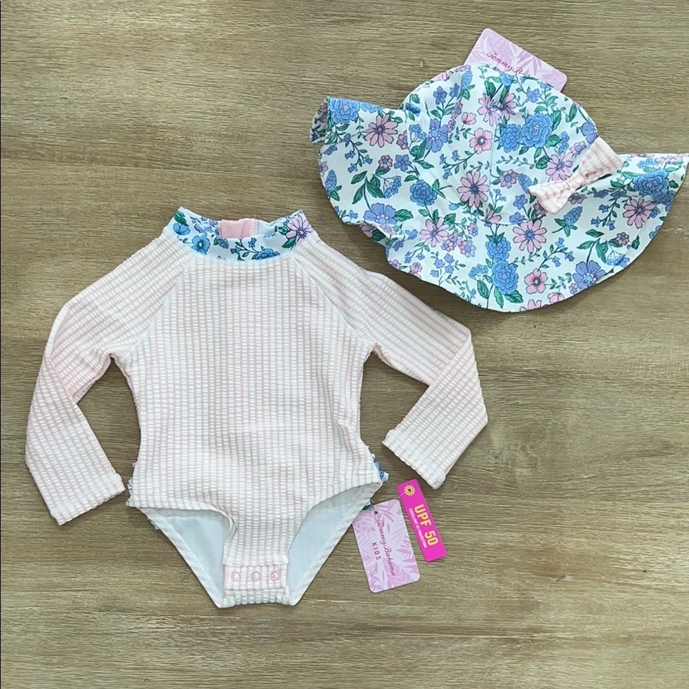 Tommy Bahama Girl Seersucker One Piece Rash guard Swimsuit Hat 12 24 months