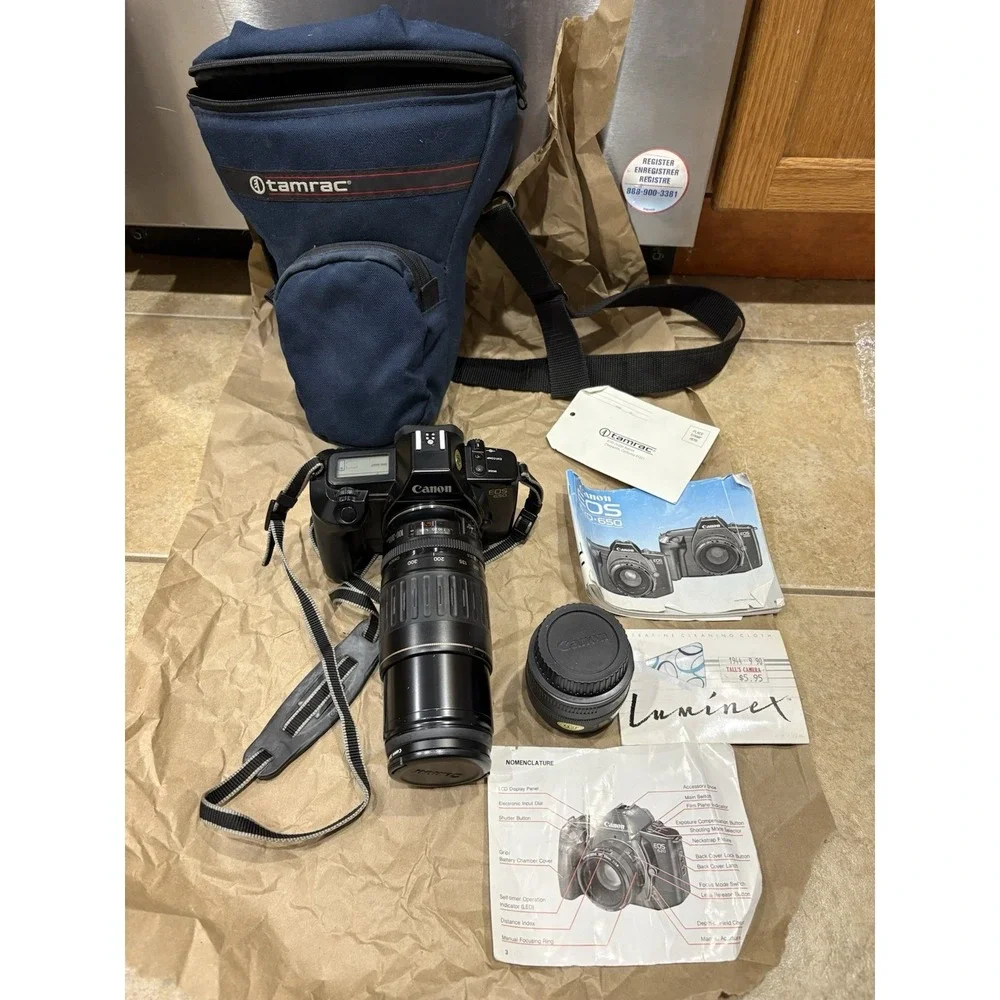 Canon EOS 650 35mm‎ Film Camera 52mm Haze L, 50mm 100-300mm Lens New Battery EUC