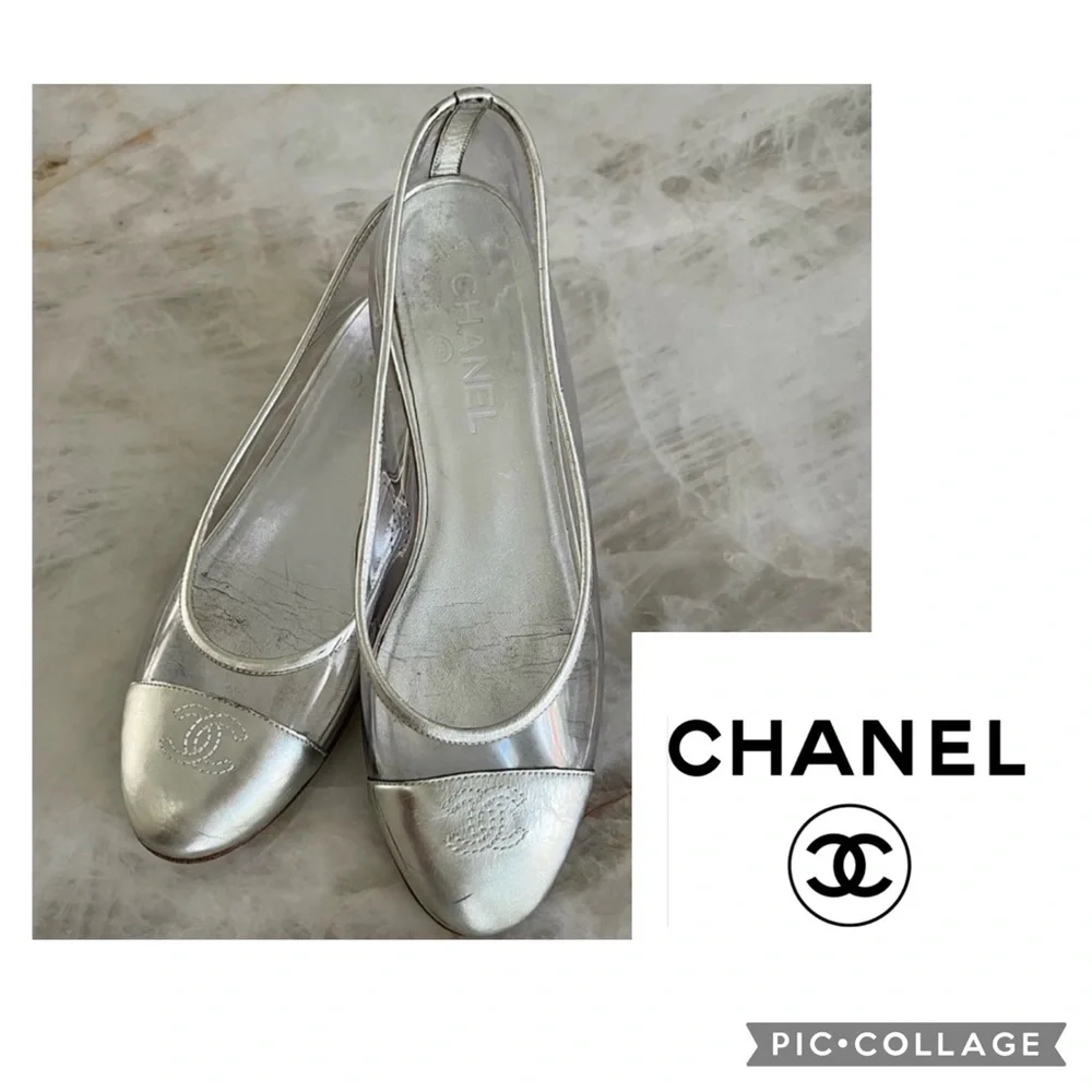 CHANEL Silver Leather Slingback Flats