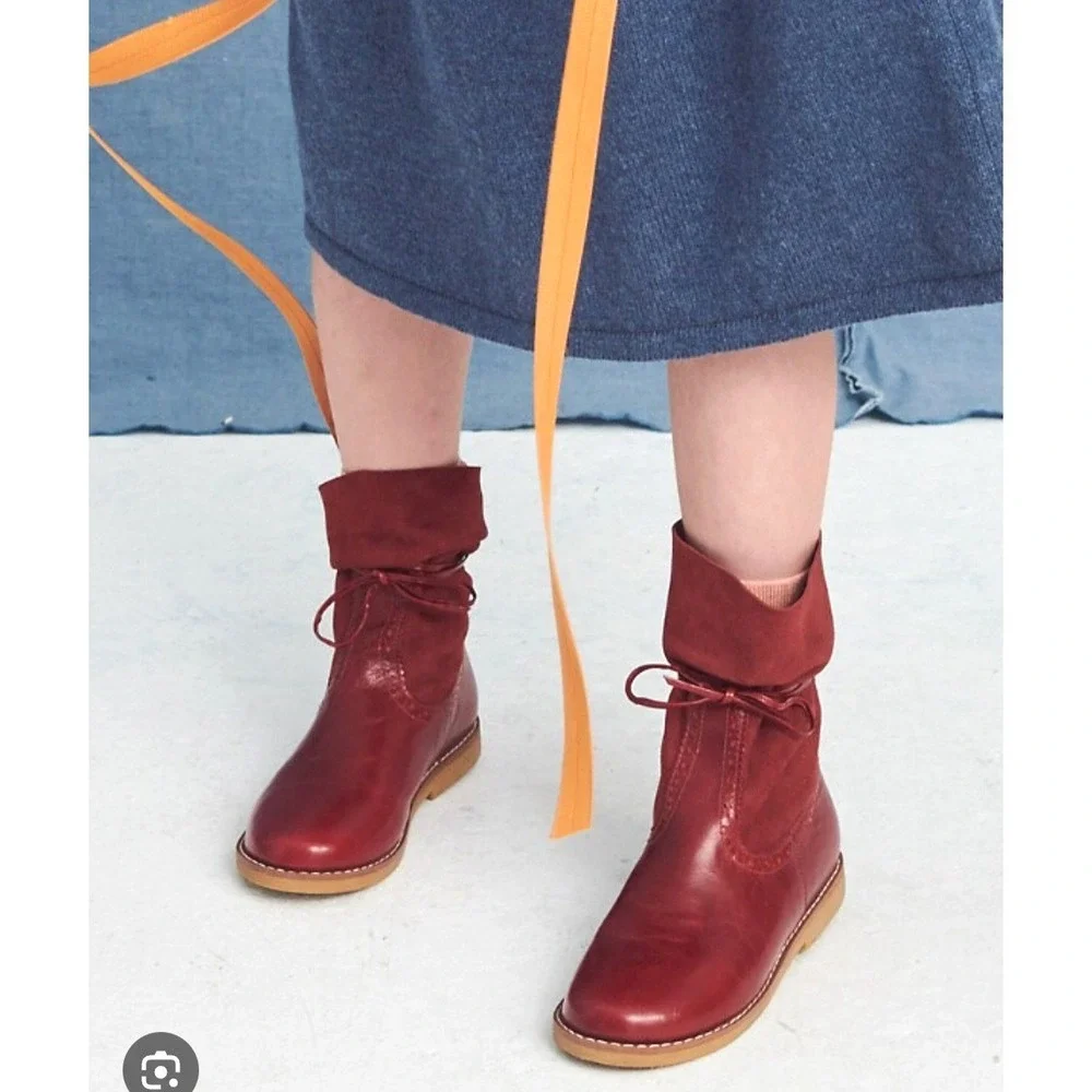 Elephantito Boots Girls Size 12 Mid-Calf Brogue LeatherNubuck‎ Red Bow Detail