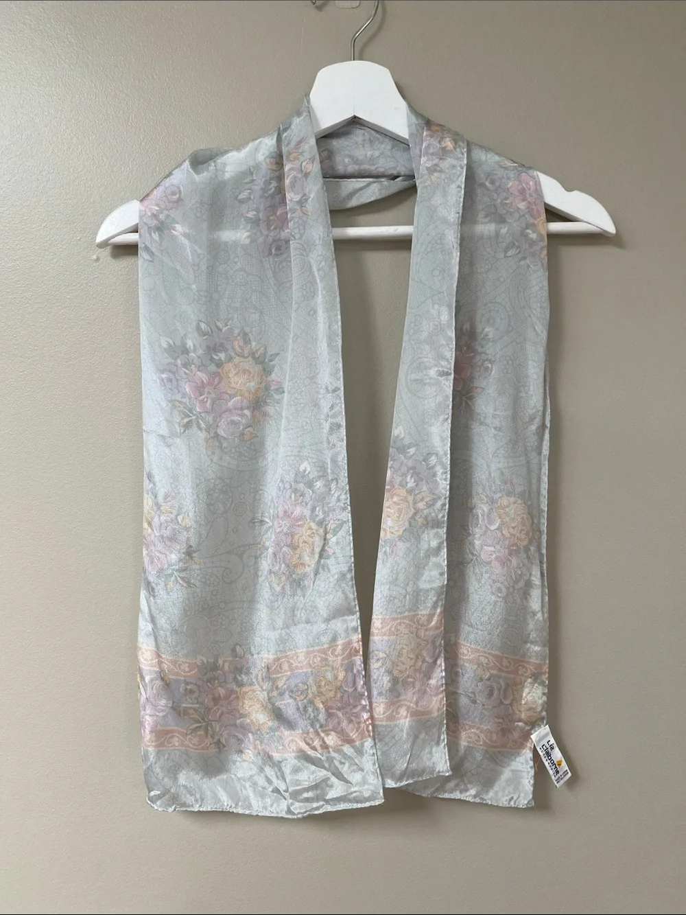 Vintage Liz Claiborne Pale floral icy blue Floral Silk Scarf with Muted Pastels