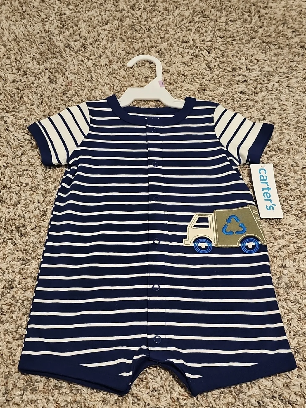 Carter's Navy & White Striped Short-Sleeve Romper with Truck Patch