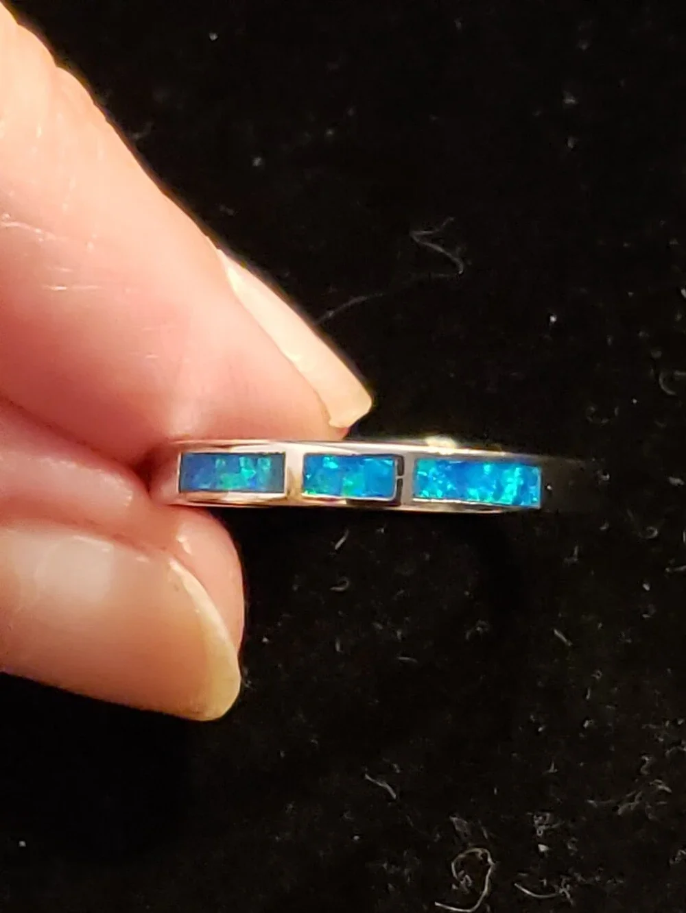 NEW Opal 925 Silver Ring, Sz 8 Minimalist, Inset Created Blue Green Opal Band