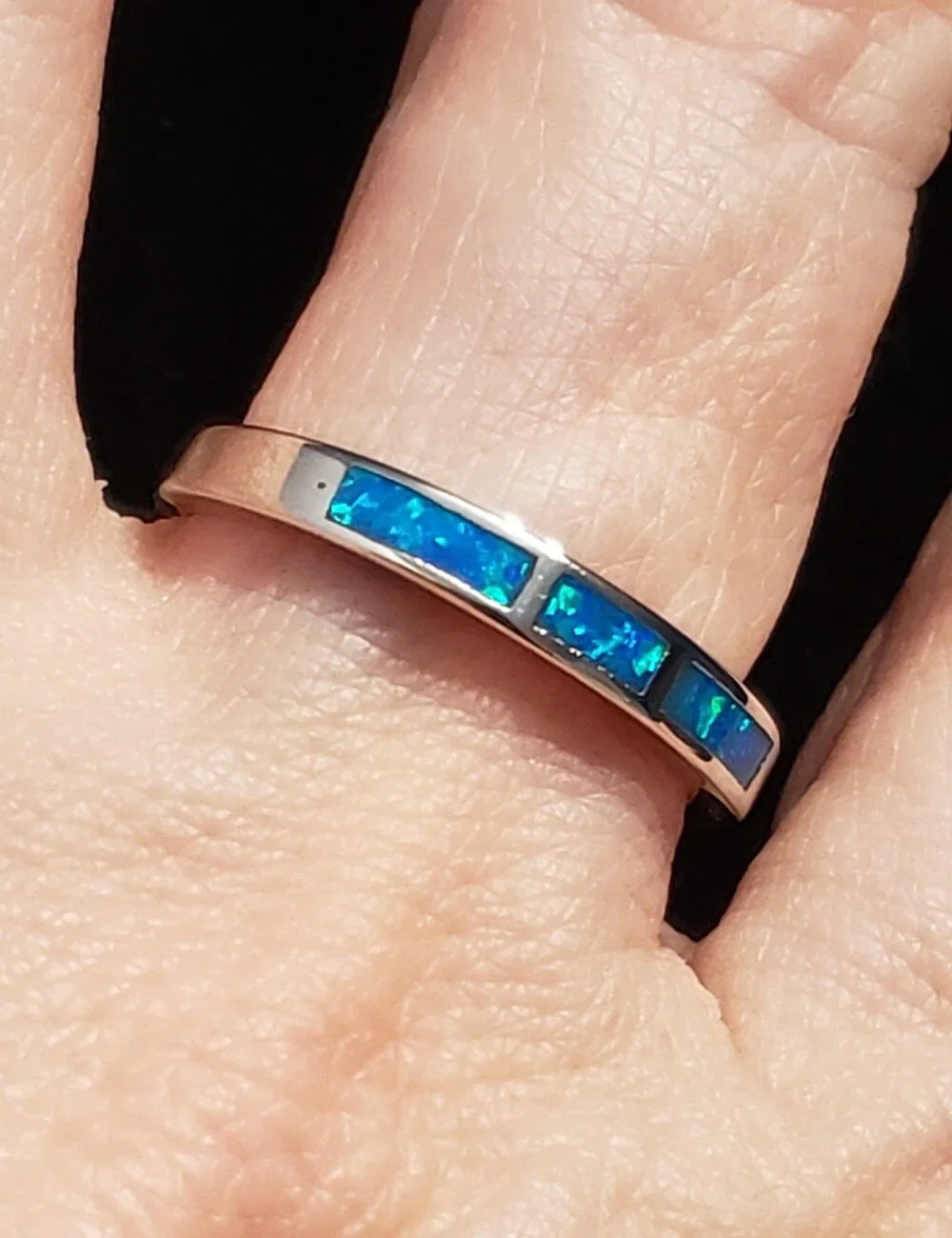 NEW Opal 925 Silver Ring, Sz 8 Minimalist, Inset Created Blue Green Opal Band
