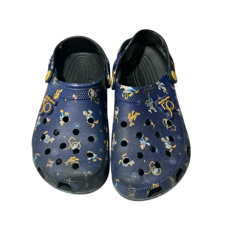 CROCS Navy Blue Printed Slip-On Clogs with Yellow Accents