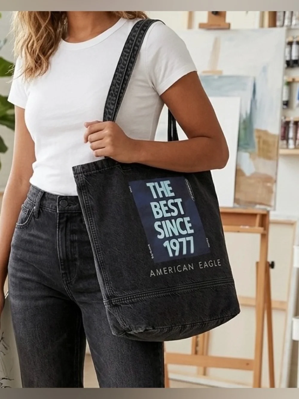 American Eagle NWT Black Denim Tote Bag Graphic Shopper Book Beach Shoulder Bag