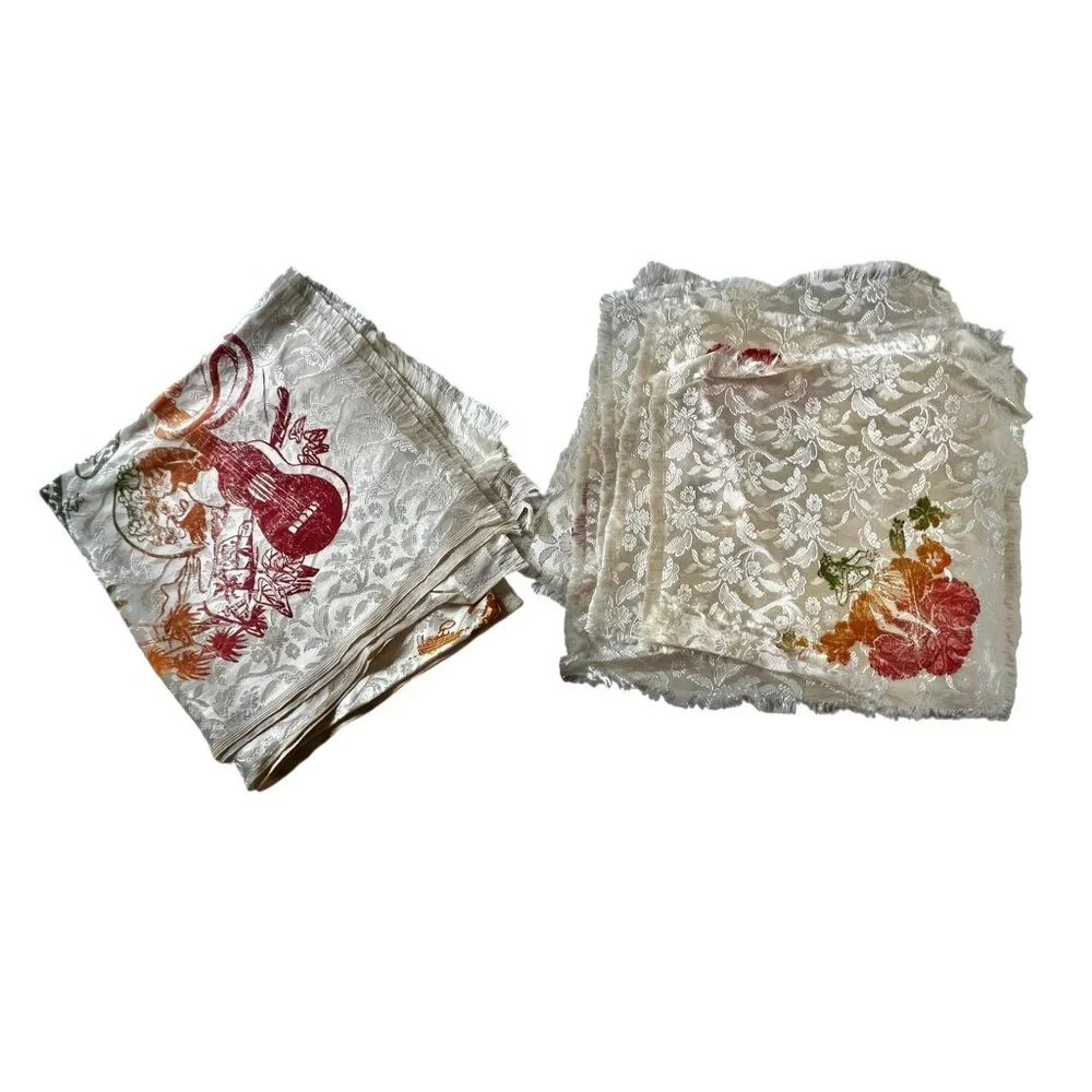 Vintage Hawaiian Tablecloth & Napkins Set Hula Girl Hibiscus Design 47x47 12