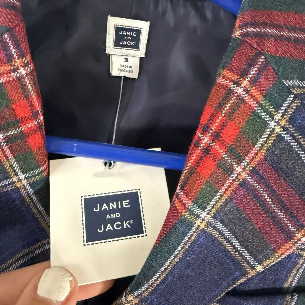 New Janie and Jack Blazer Boys 3 Red Tartan Plaid Button Up Long Sleeve Collared