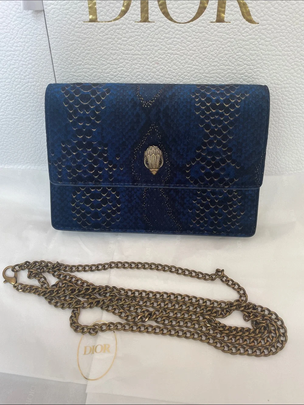 Kurt Geiger Navy Blue Python-Effect Chain Clutch Crossbody Bag Gold Shoreditch