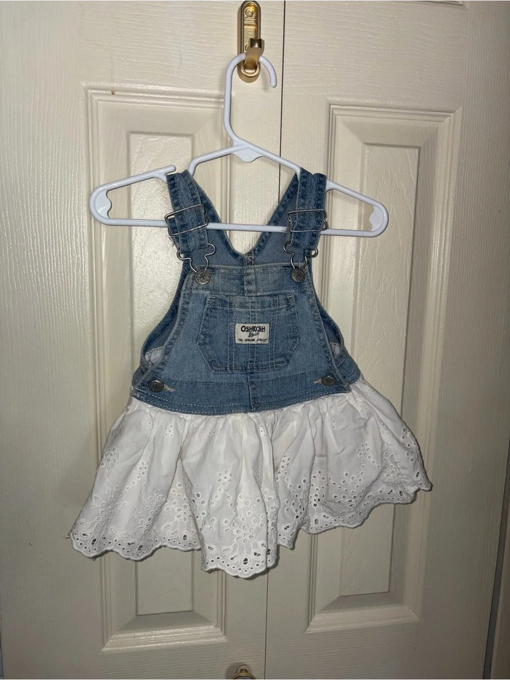 Osh Kosh Overall Bib Denim White Eyelet Skirt Blue Dress 6 months baby
