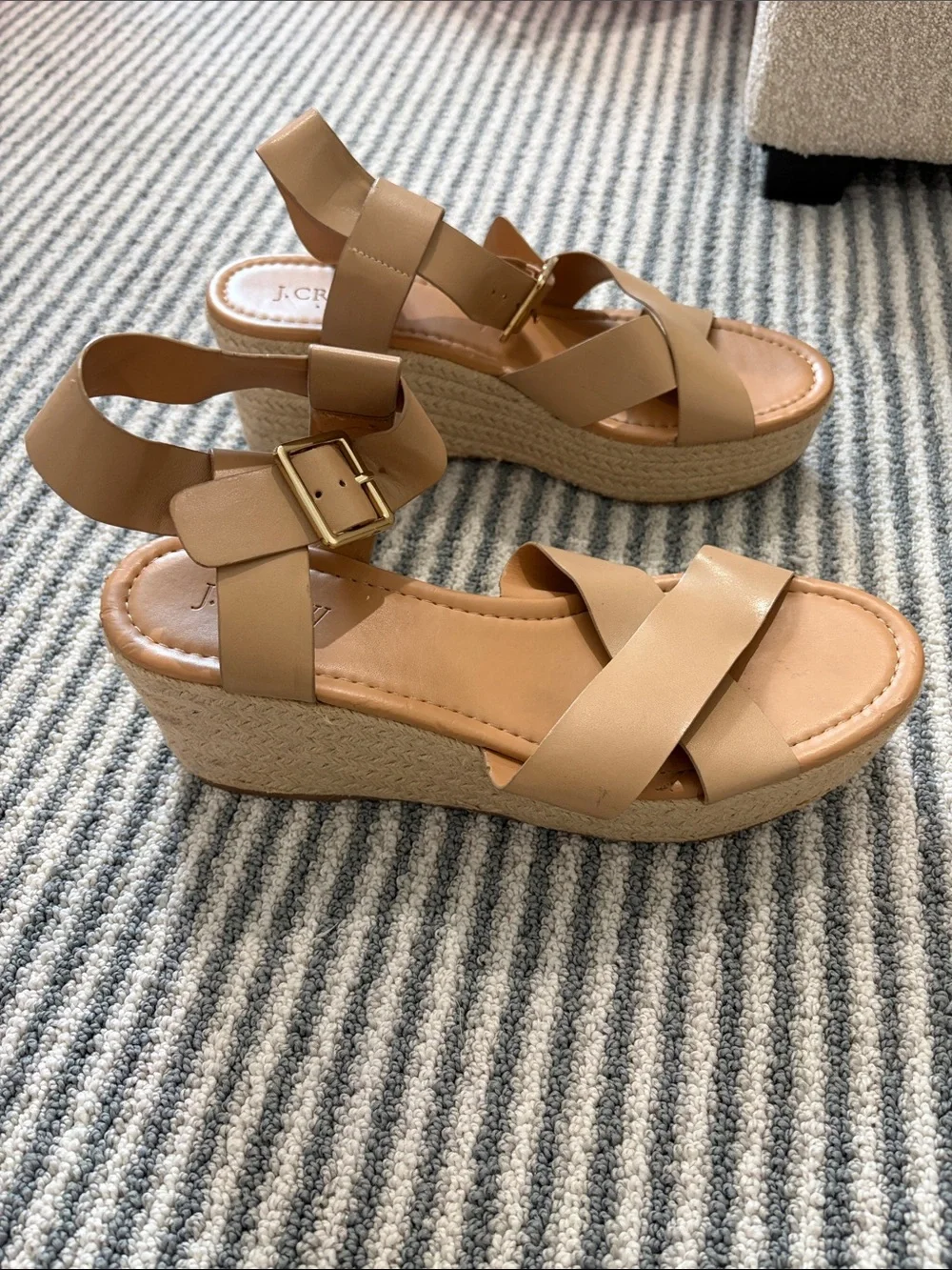 J. Crew Beige Tan Leather Wedge Sandals with Gold Buckle