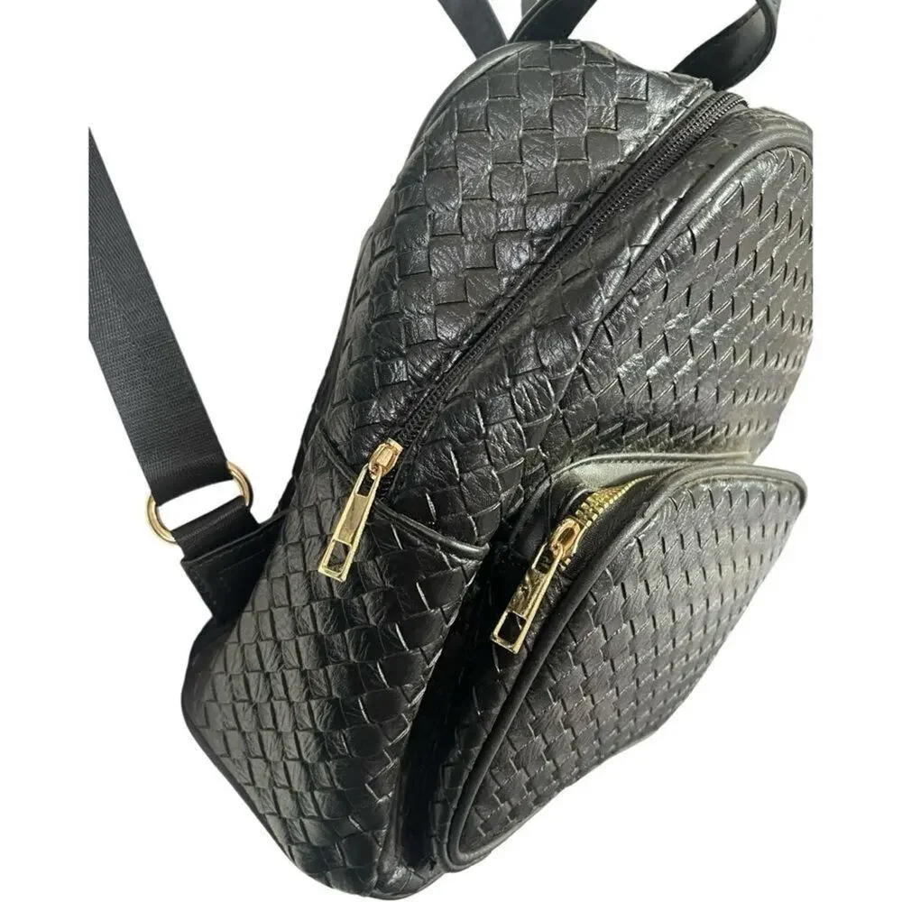 Black Woven Leather Quilted Mini Backpack