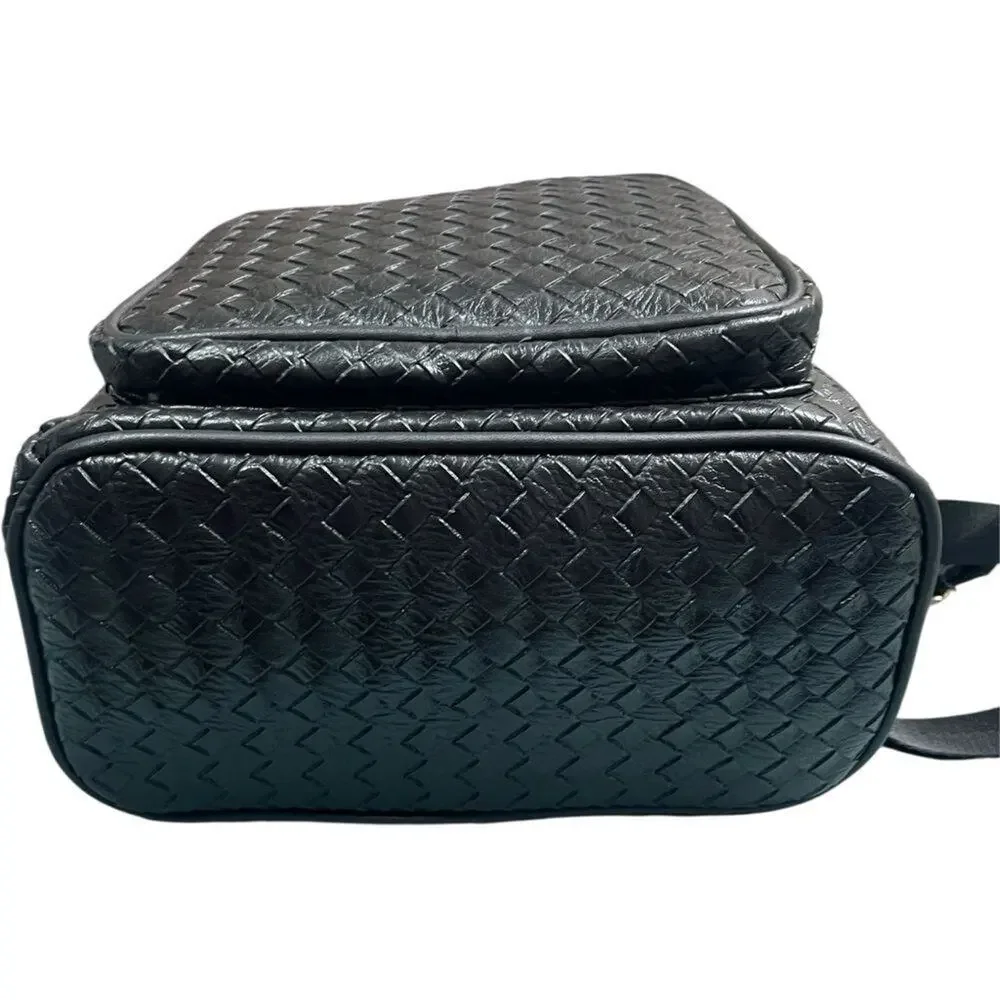 Black Woven Leather Quilted Mini Backpack