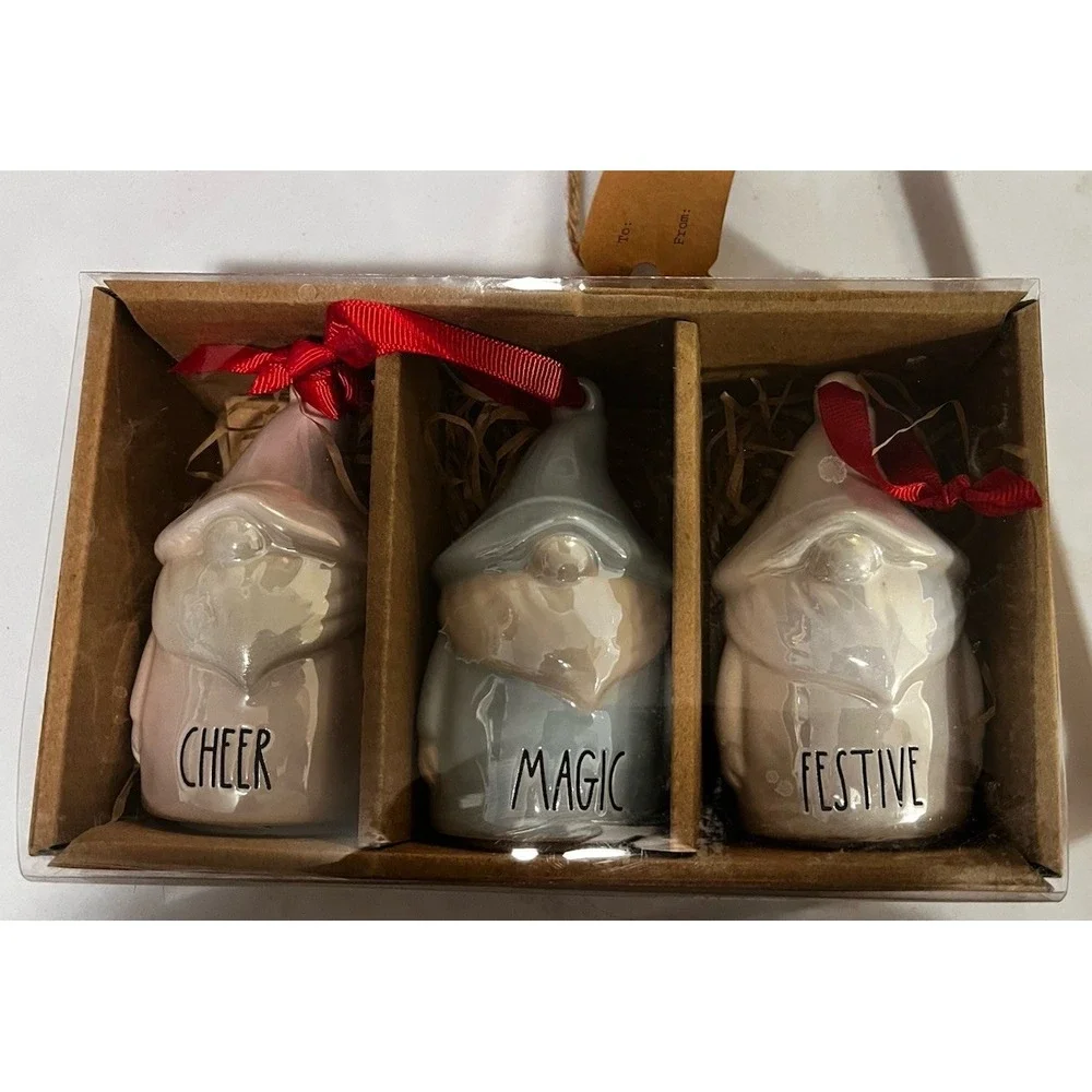 Rae Dunn Cheer Magic Festive  Gnome Christmas Ornaments Iridescent Set Of 3 NEW