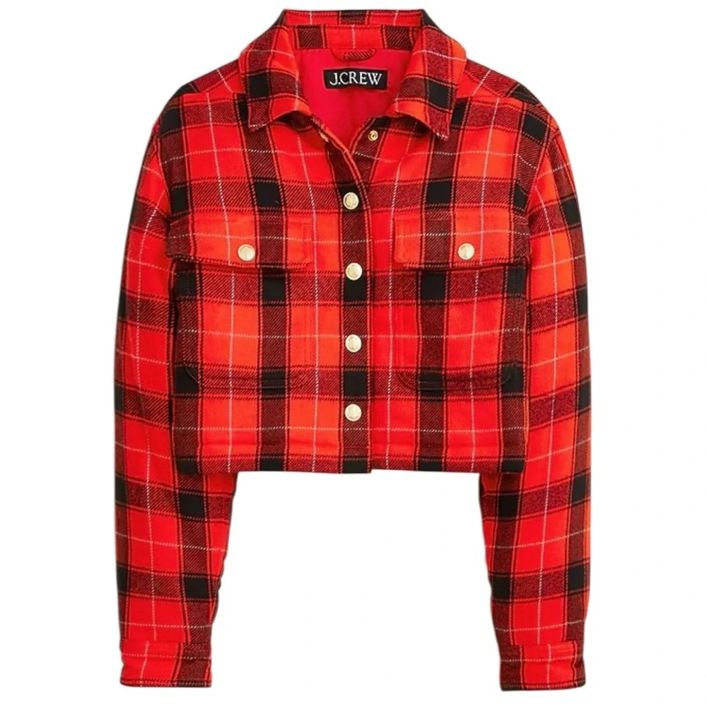 J. Crew Cropped Puffer Jacket‎ in Buffalo Check Vibrant Flame Size XXL