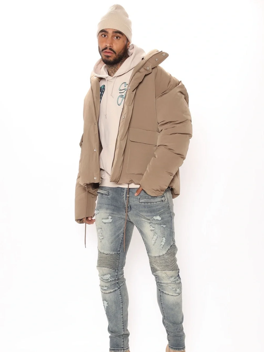 Fashion Nova Men's Taupe Puffer Jacket - Warm Neutral Outerwear