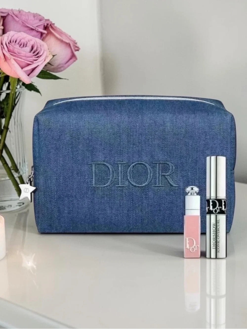 Dior Beauty NIB Denim Cosmetics Pouch Bag w/ Dior Mascara & Lipgloss
