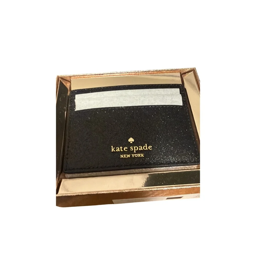 Kate Spade New York Black Glitter Slim Card Holder Wallet New In‎ Box