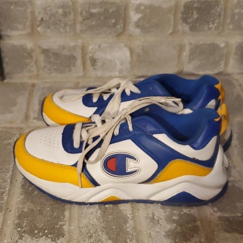 Champion sneakers shoes size 5.5 has flaws yellow blue white Dennis shoes