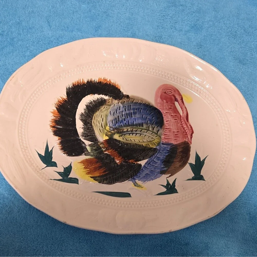 Hand Painted Ceramic Turkey Oval Platter Decorative Thanksgiving Birds Theme