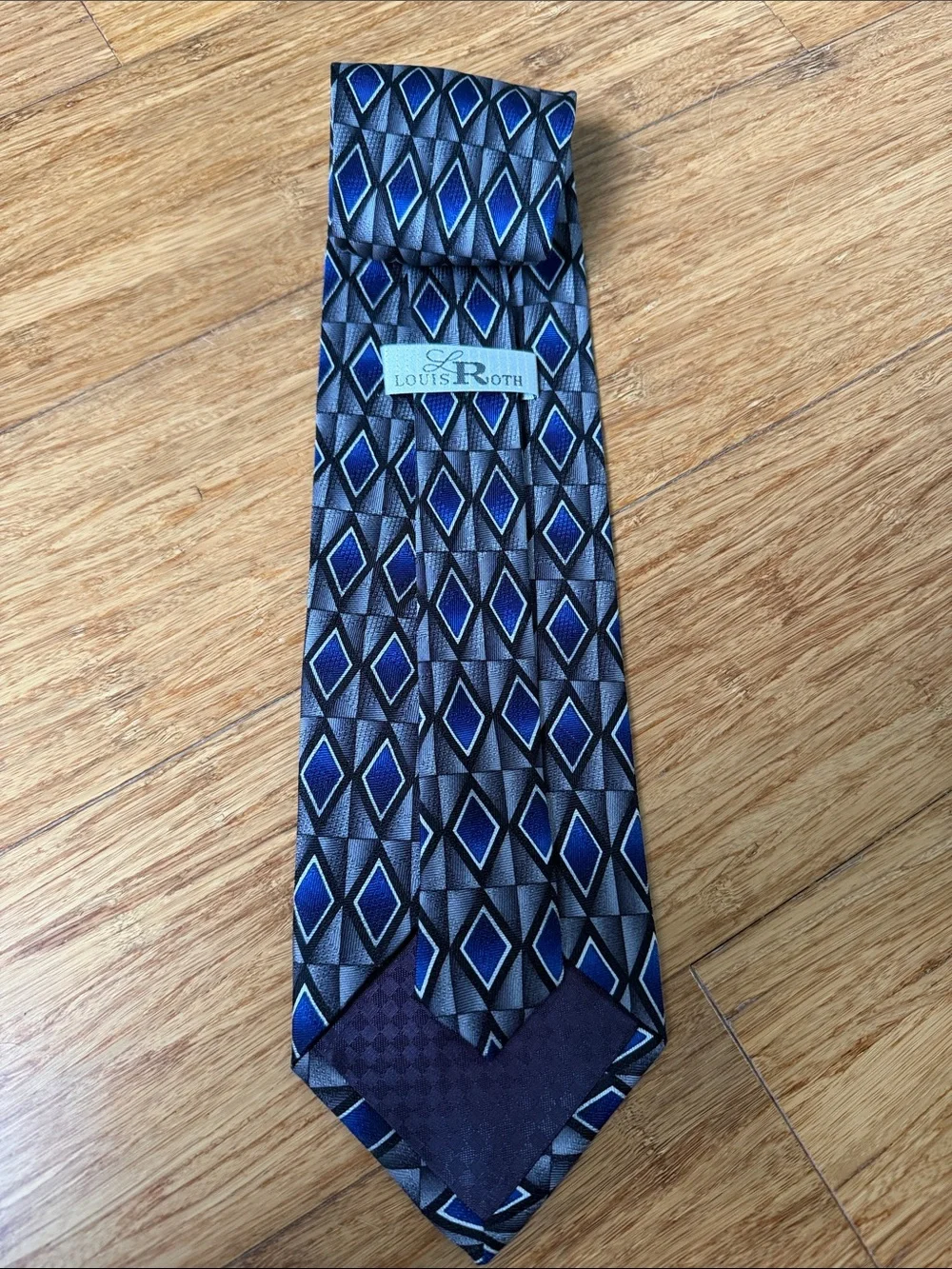 (6t) Louis Roth 100% Silk Handmade Blue Gray Geometric Diamond Men’s Necktie