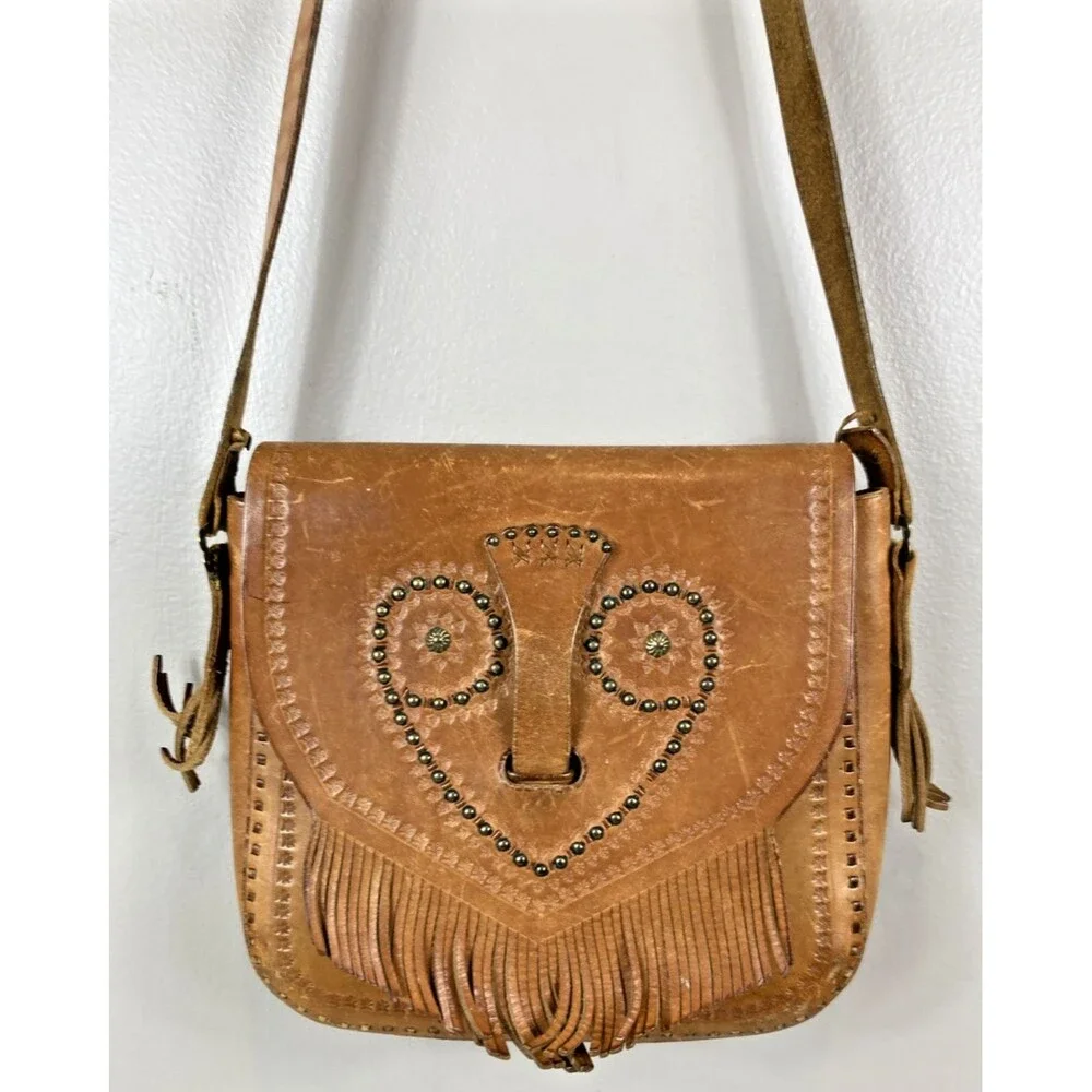 Vintage Leather Hand Tooled & Beaded Handbag Crossbody Tan Fringe Hippie Boho
