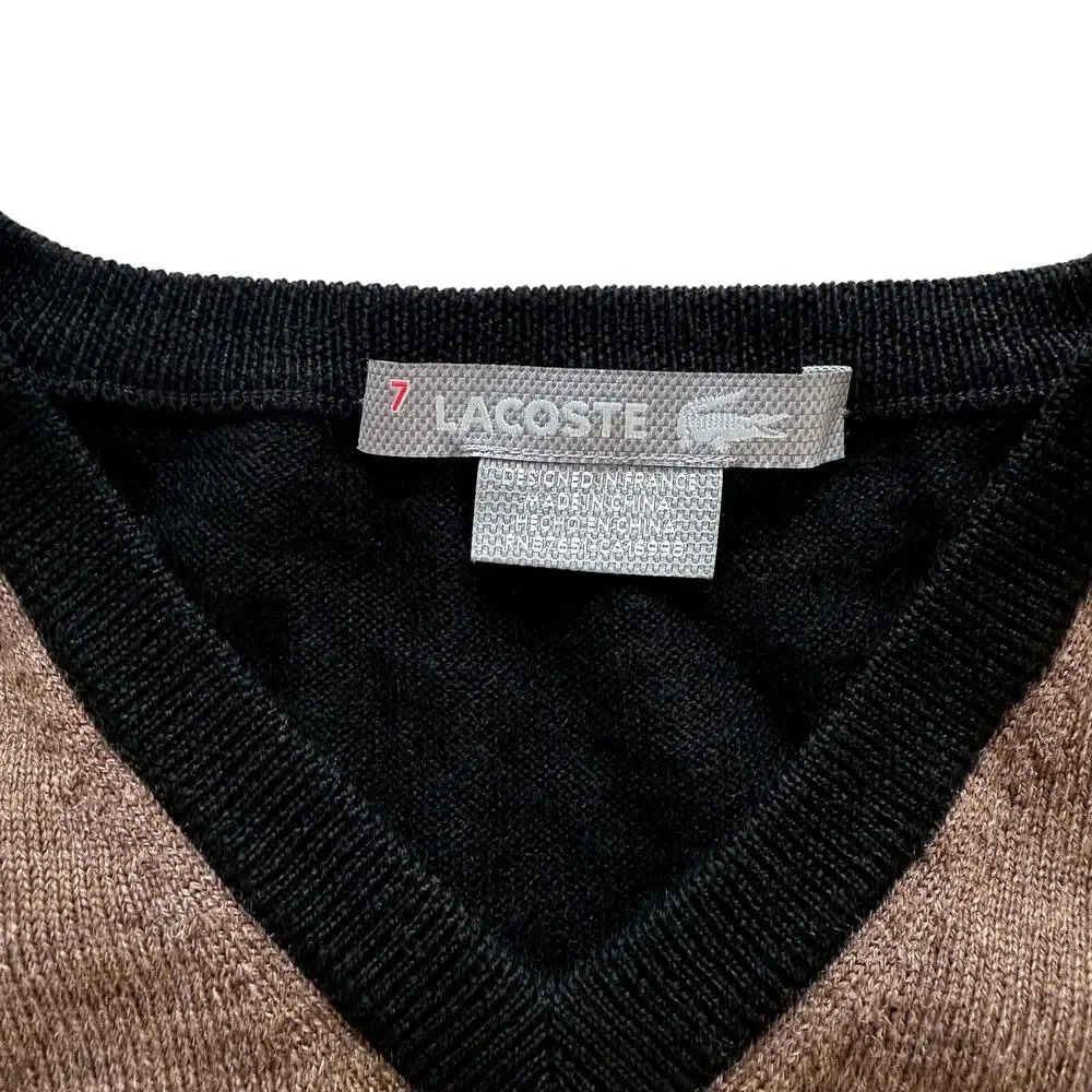 VTG Lacoste Argyle Sweater Mens sz 7 2XL Yellow Black Fine Merino Wool Preppy