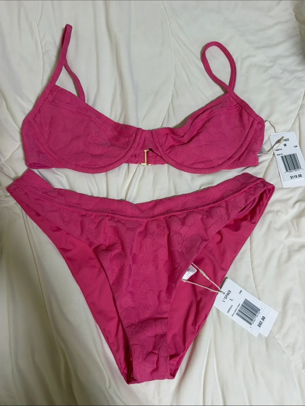 l*space Pink Floral Lace Bikini Top (medium) and Bottom (large)
