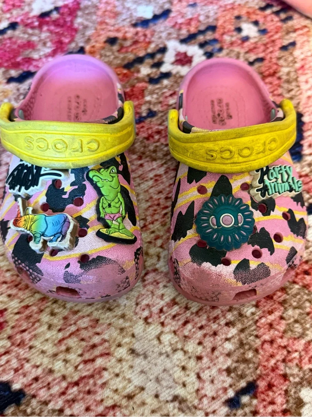 CROCS Kids Pink Leopard Print Clogs with Yellow Strap