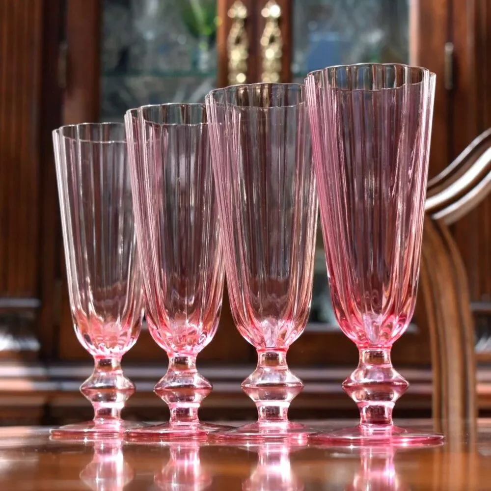 Set 4 Vintage Pink Ribbed Fluted Champagne Flutes Scalloped Rim Knop Stem 7.25