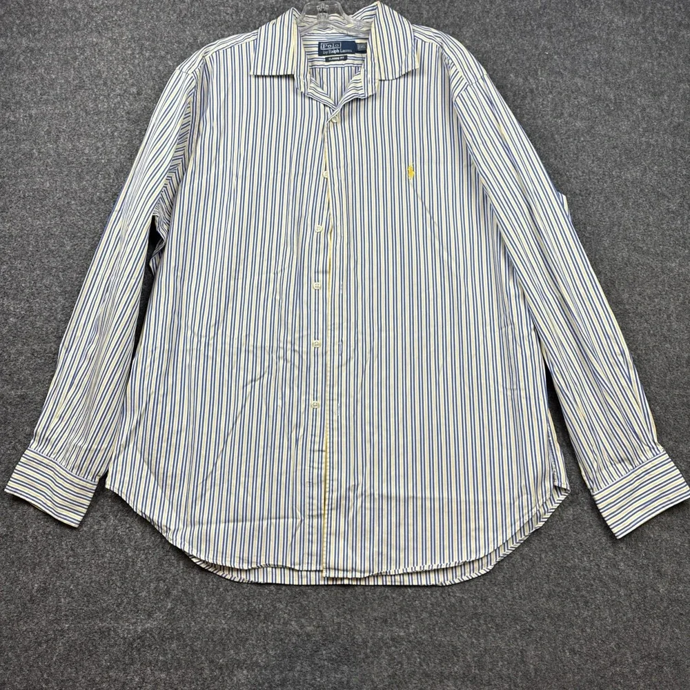 Polo Ralph Lauren Classic Fit Dress Shirt Mens XL Blue White Yellow‎ Stripe