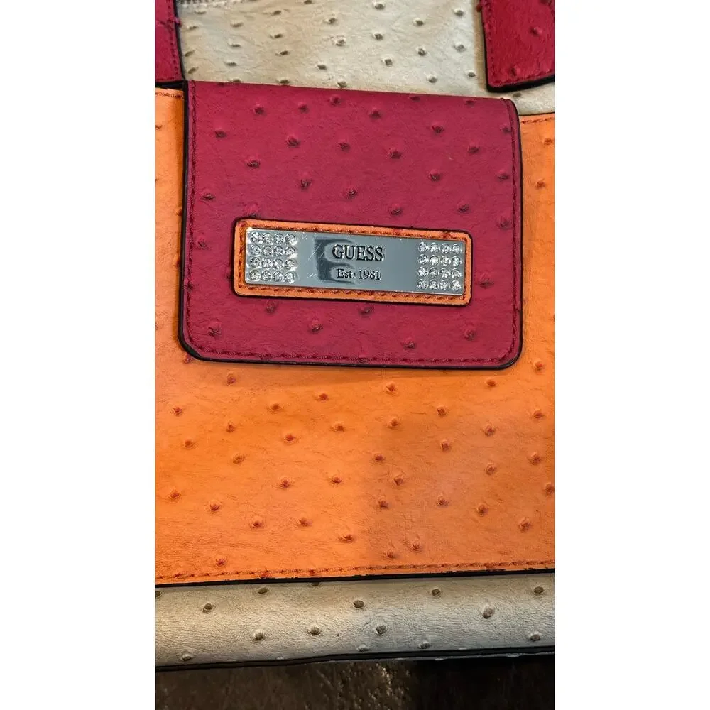 Guess Handbag, Shoulder Bag Faux Leather Ostrich Bone/Pink Orange With Wallet