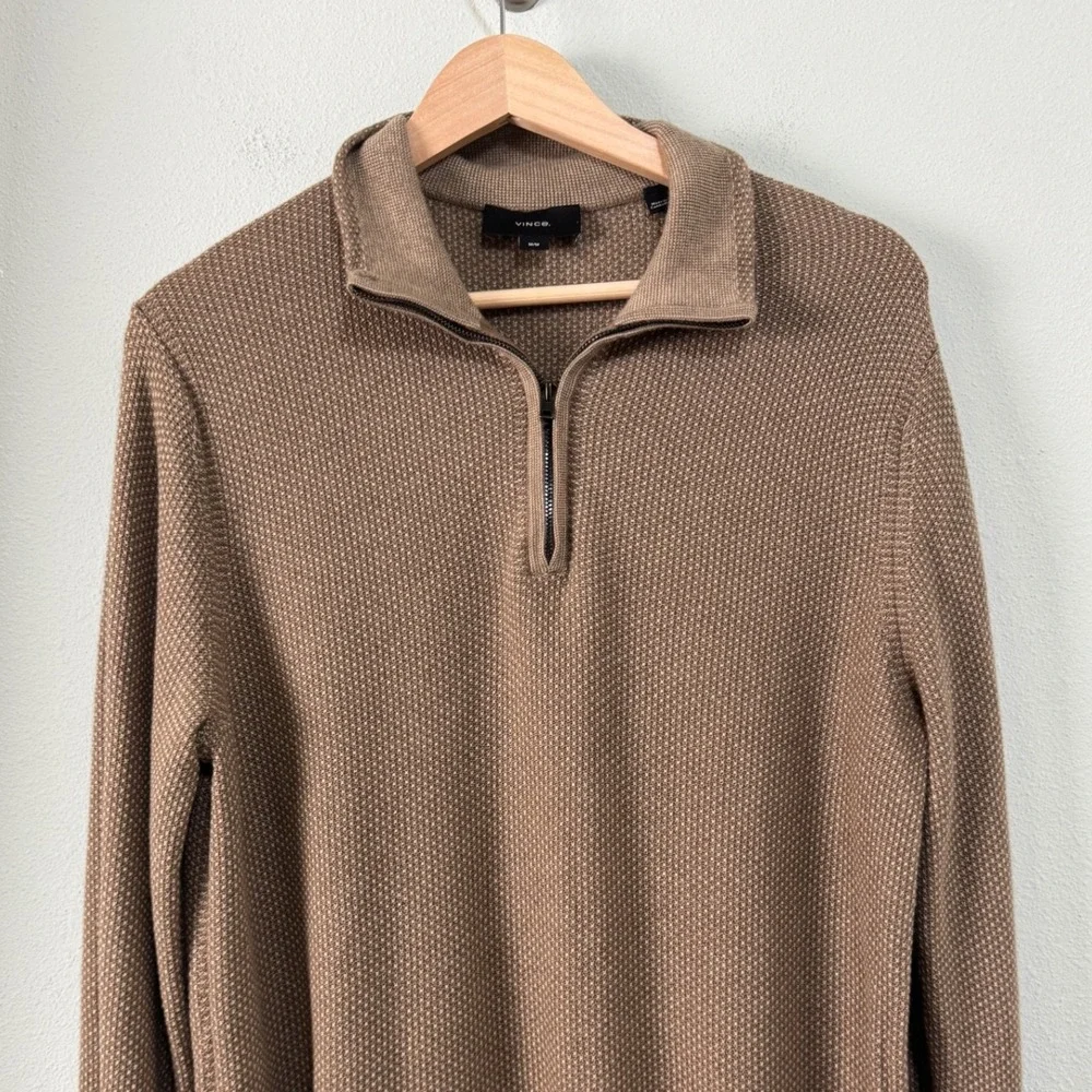 Vince Geo Jacquard Quarter Zip Wool Cashmere Blend Sweater Teton/River Sand Sz M