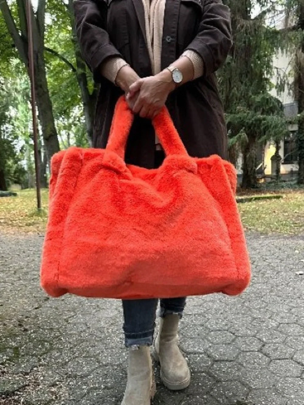 Stand Studio Plush Oversized Tote Bag in Bright Coral NWOT