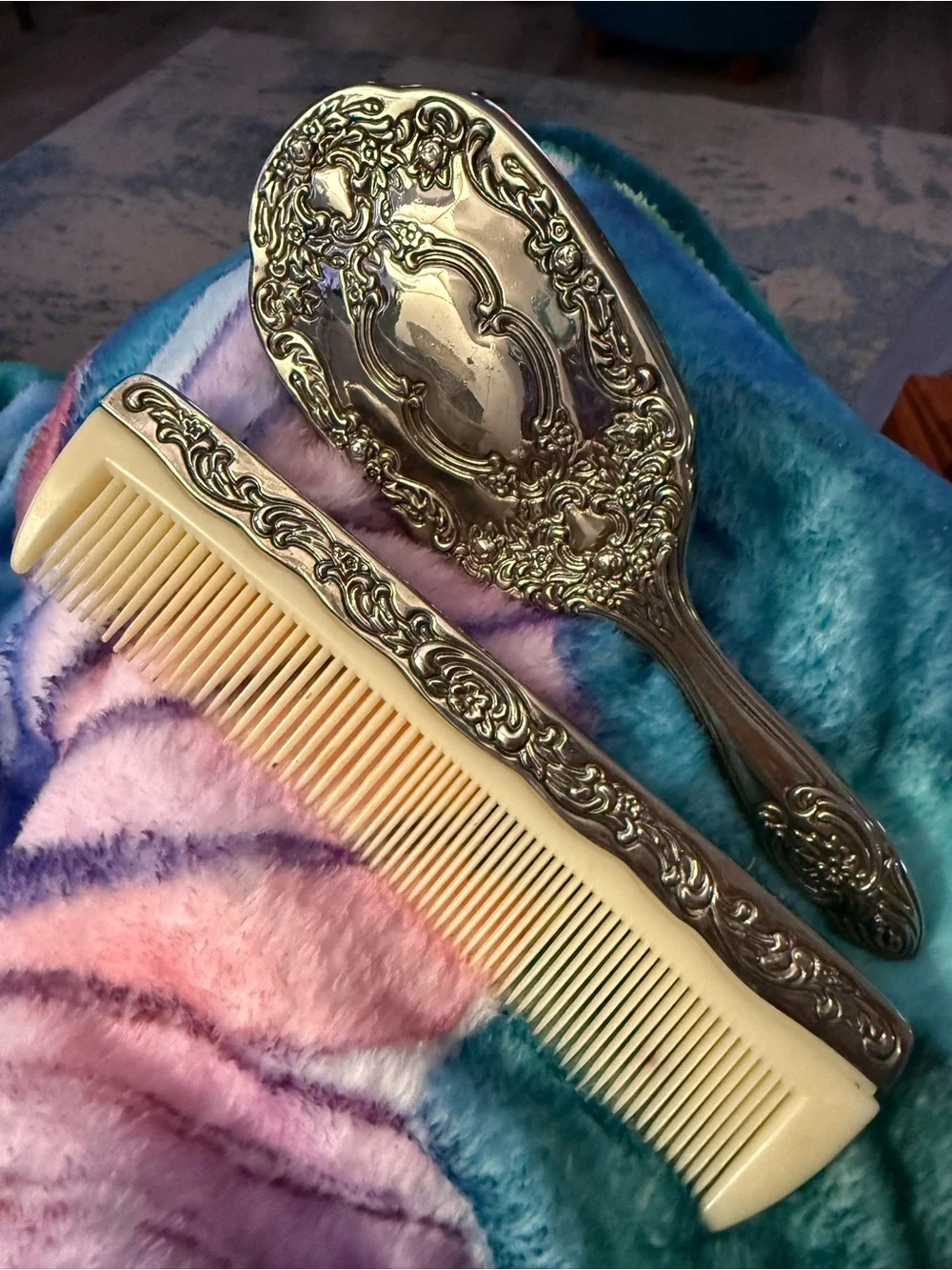 Vintage Ornate Silver-Tone Hair Brush & Ivory Comb Set - Decorative Vanity Duo