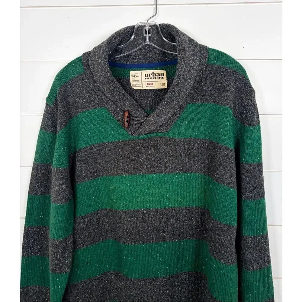 Urban Pipeline Men's Striped Knit Shawl Collar Sweater Heather Gray Green Large