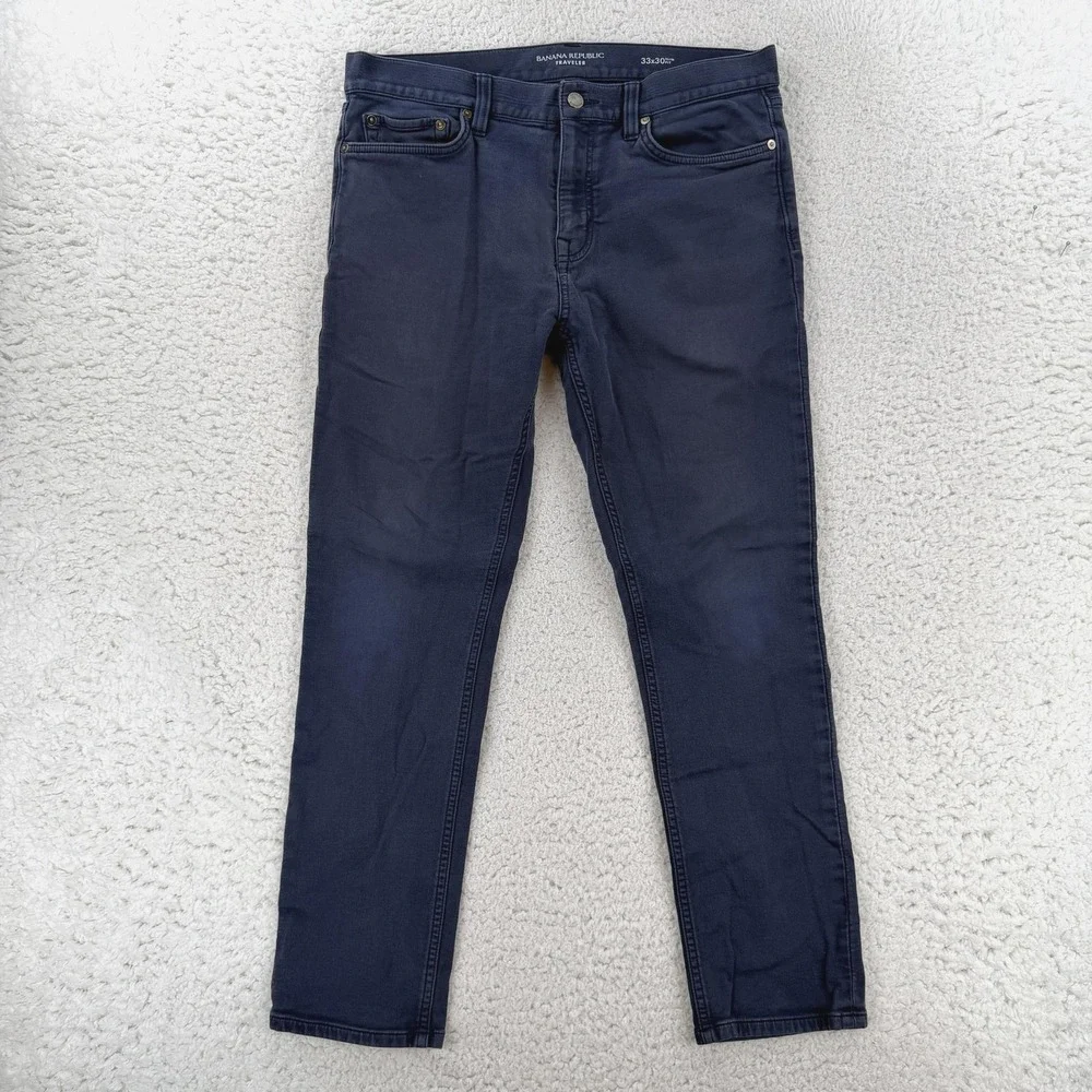 Banana Republic Slim Traveler Jeans Mens 33x30 Navy Slim Tapered Denim Pants
