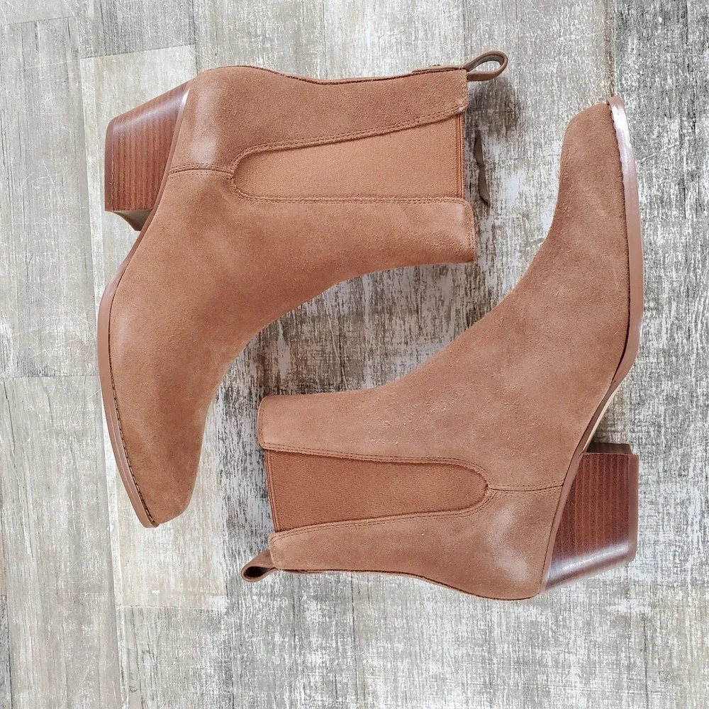 Michael Kors Kinlee Bootie Womens Sz 8.5‎ M luggage Suede Pointed Toe Block Heel