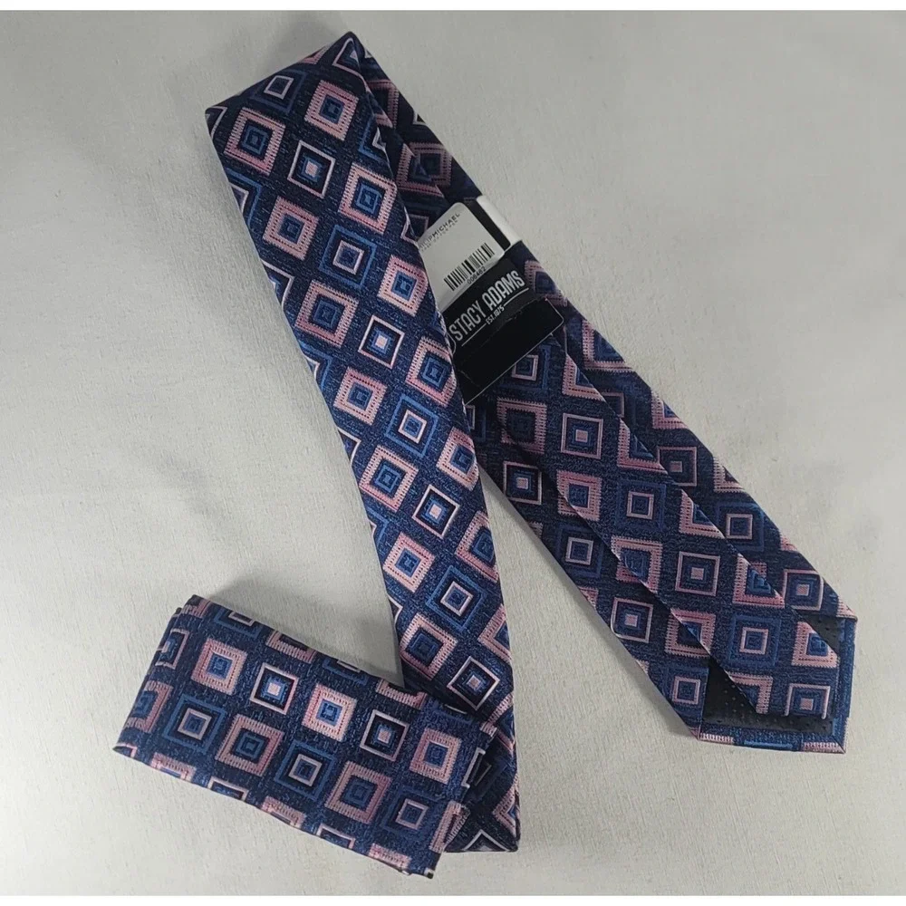 Stacy Adams Necktie And Handkerchief Set Blue & Purple Diamonds 57