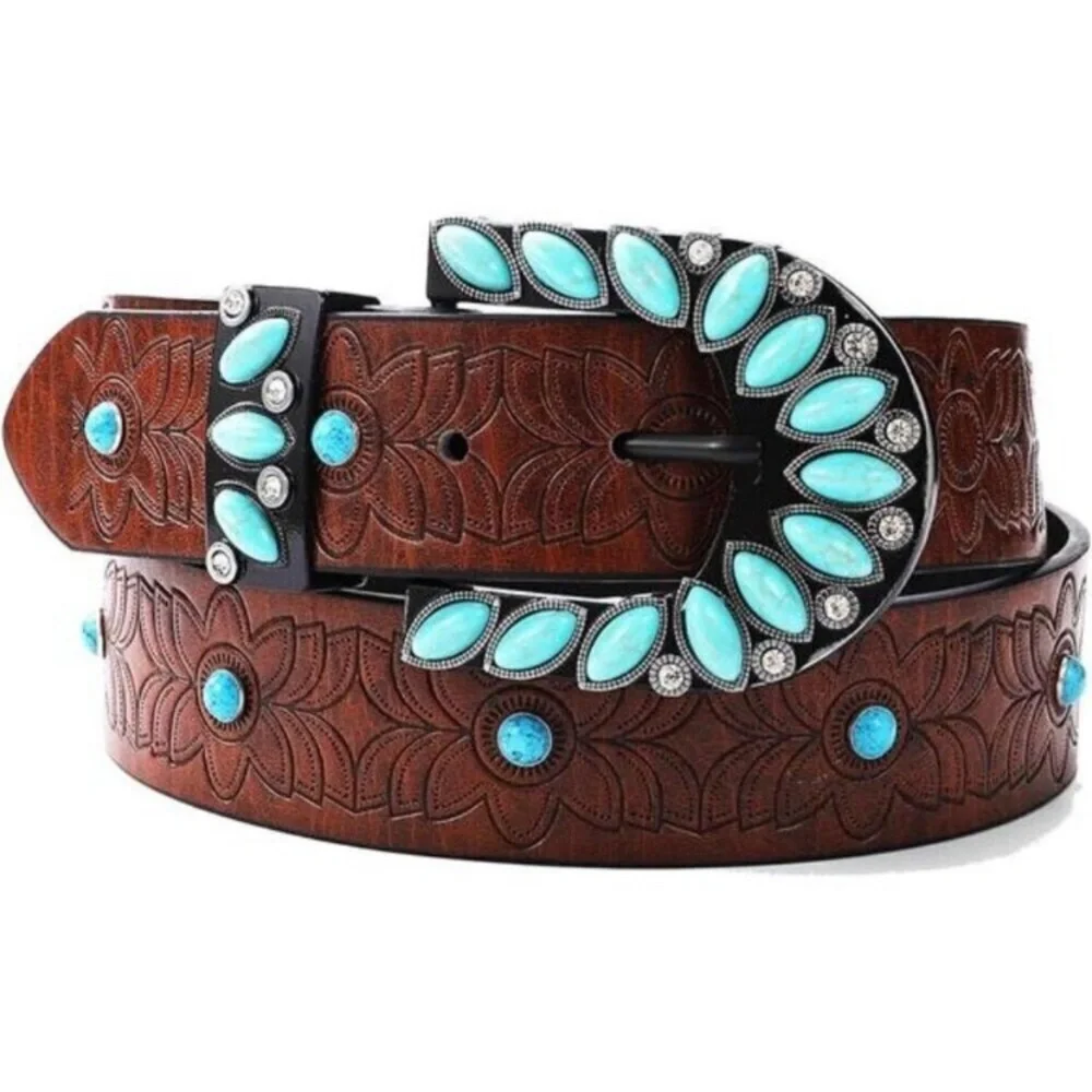 Brown Western Belt Woman Turquoise Cowgirl Belts for Jeans Pants Size Small