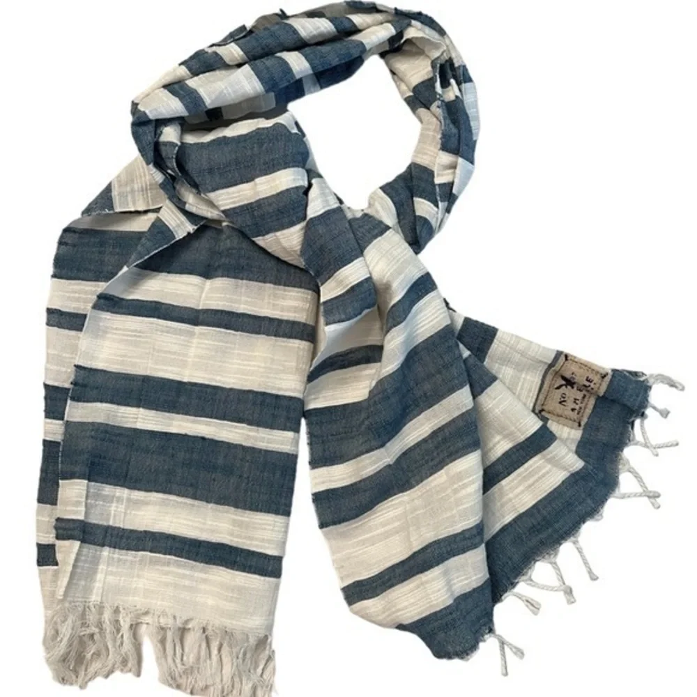 AEO Lightweight Textured Blue & White 100% Cotton Striped Scarf w/ Fringe