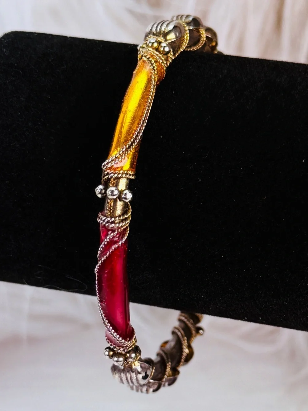 Vintage aged Goldtone and Red Bangle Bracelet