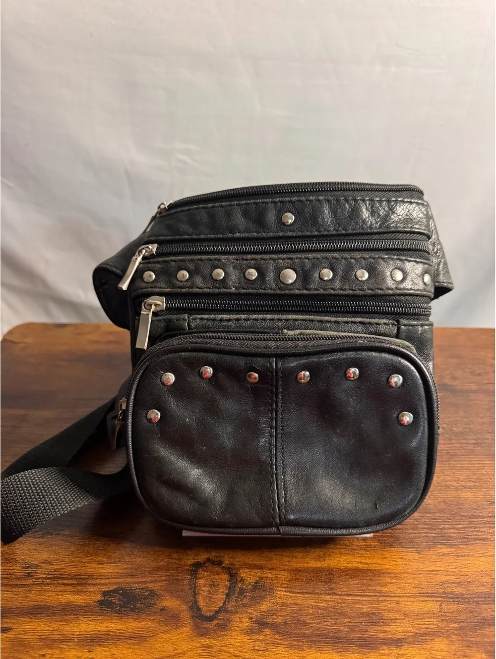 Vintage Y2K Black Faux Leather Studded Crossbody Shoulder Bag Multi Pocket